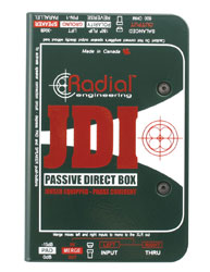 RADIAL JDI DI BOX Passive, mono, 6.35mm jack input, 6.35mm jack thru, input merge function