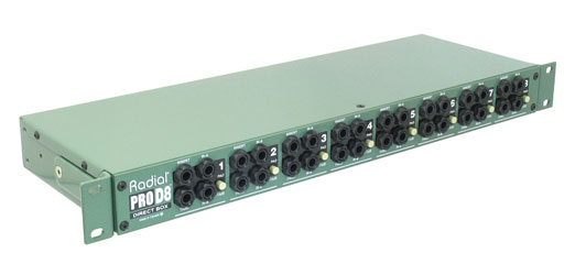 RADIAL PROD8 DI BOX Passive, 8-channel, 6.35mm jack A/B inputs, 6.35mm jack thru, rackmount