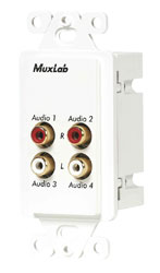 MUXLAB 500033-WP AUDIO BALUN Wallplate, 4-channel, 4x female RCA, 1-gang US, white