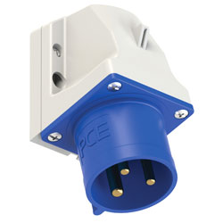 PCE 523-6 SPLASHPROOF 32A WALL MOUNTING APPLIANCE INLET, Straight, IP44, blue/grey