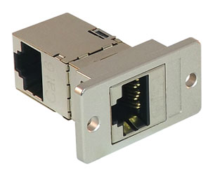 TUK PANEL MOUNT KEYSTONE RJ45 BACK-TO-BACK COUPLER Cat6, rear at 90 degrees, shielded metal body