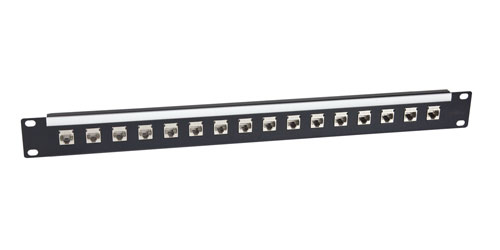 CANFORD CAT5e RJ45 PATCH PANEL, Economy, 1U, 1x16, Feedthrough, Screened,black