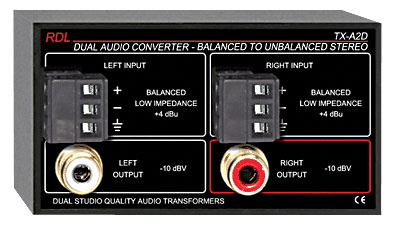 RDL TX-A2D AUDIO CONVERTER Balanced to unbalanced, stereo to stereo, terminal in, 2x RCA (phono) out