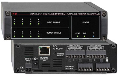 RDL RU-MLB4P DANTE INTERFACE Bi-directional, 4x Mic/line in and out, terminal blocks, POE