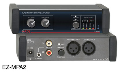 RDL EZ-MPA2 MICROPHONE PREAMPLIFIER 2x XLR in, 2x RCA phono output, with compressor, AC adapter