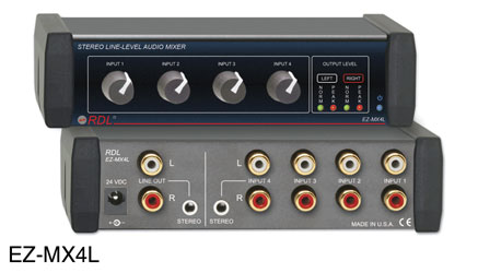 RDL EZ-MX4L MIXER Audio, stereo, 4x1, 10x RCA (phono) I/O, AC adapter