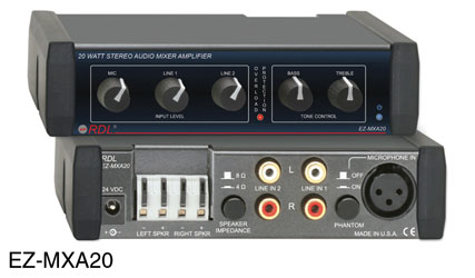 RDL EZ-MXA20 MIXER AMPLIFIER Stereo, 2x 10W/8 or 2x 8W/4, 1x XLR in, 2x RCA (phono) in, AC adapter