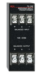 RDL TX-10B AUDIO TRANSFORMER Bridging input, balanced screw terminal I/O, 20Hz to 20kHz
