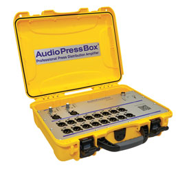 AUDIOPRESSBOX APB-216 C PRESS SPLITTER Portable, active, 2x in, 16x out, battery/mains, yellow