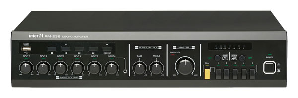 INTER-M PM236 MIXER AMPLIFIER 1x 360W, 70/100V/Low-Z, 6-input, USB input, chime/siren