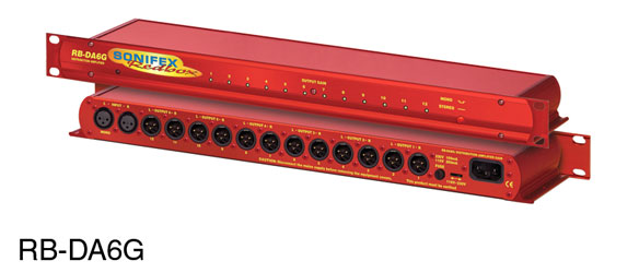 SONIFEX RB-DA6G DISTRIBUTION AMPLIFIER Audio, 2x6, 14x XLR, 1U rackmount, gain trims