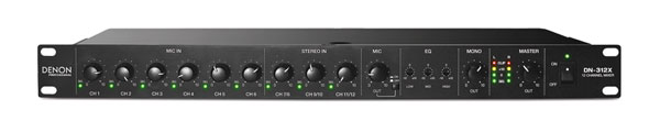 DENON DN-312X MIXER 6x mic/line, 2x stereo RCA in, 48V phantom, mic 1 priority, 2x bal XLR out,1U