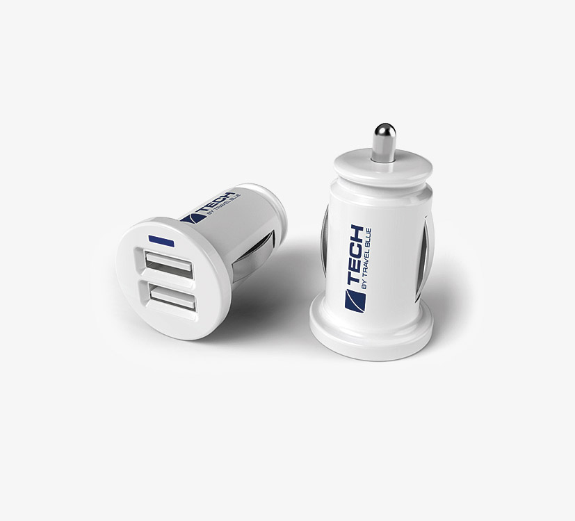 TRAVEL BLUE USB CHARGER - 12V CAR PLUG 2100mA, 2 USB sockets, white